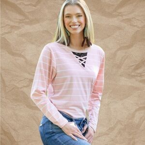 NWT Women's Soft Pink Striped Long Sleeve Top with Lace-Up Detail